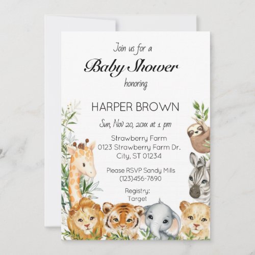 Safari animal baby shower  invitation