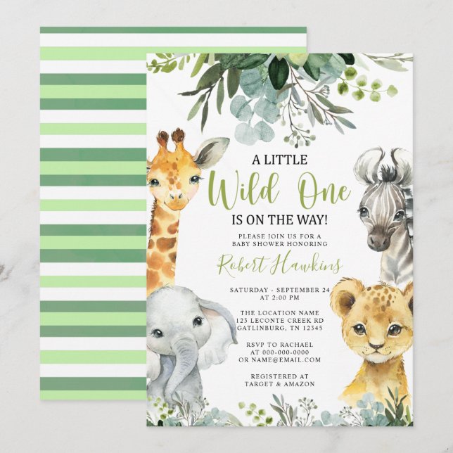 Safari Animal Baby Shower Invitation Greenery (Front/Back)