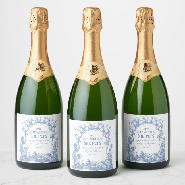 Safari Animal Blue Toile Baby Boy Shower She Pops Sparkling Wine Label (Bottles)