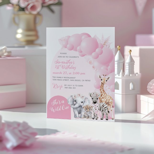 Safari Animal Blush Pink Wild One Girl Birthday Invitation (Creator Uploaded)