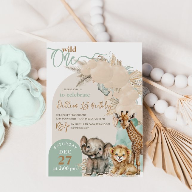 Safari animal Boho Balloon Boy 1st Birthday Invitation (Creator Uploaded)