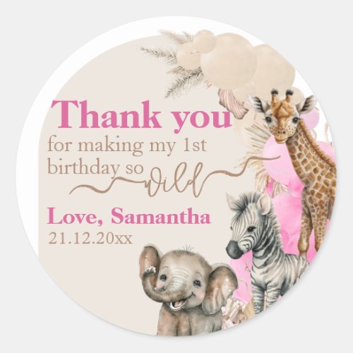 Safari animal Boho Balloon girl 1st Birthday Classic Round Sticker