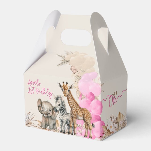Safari animal Boho Balloon girl 1st Birthday Favor Boxes (Front Side)