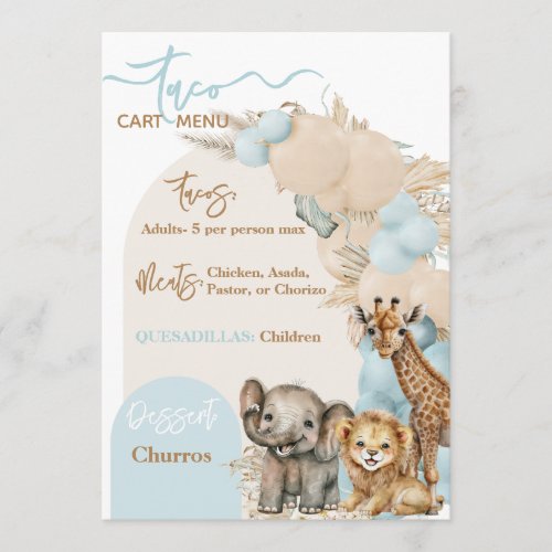 Safari Animal Boho Blue Balloon Boy Baby Shower Menu