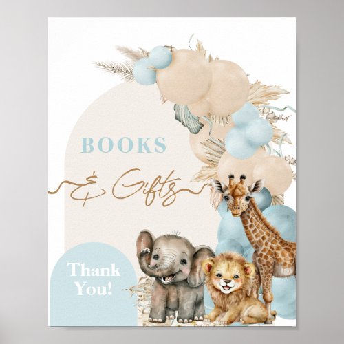 Safari Animal Boho Blue Balloon Boy Baby Shower Poster