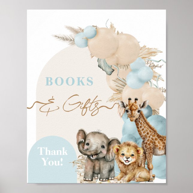 Safari Animal Boho Blue Balloon Boy Baby Shower Poster (Front)