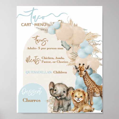 Safari Animal Boho Blue Balloon Boy Baby Shower Poster