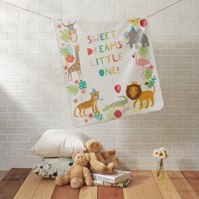 Safari Animal Crib Blanket, Colorful Jungle Theme Baby Blanket (In Situ)
