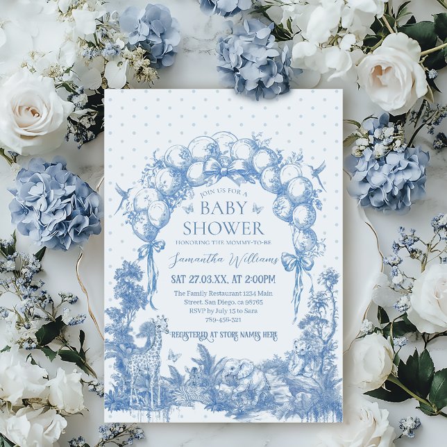 Safari Animal Dusty Blue Toile Baby Boy Shower Invitation (Creator Uploaded)
