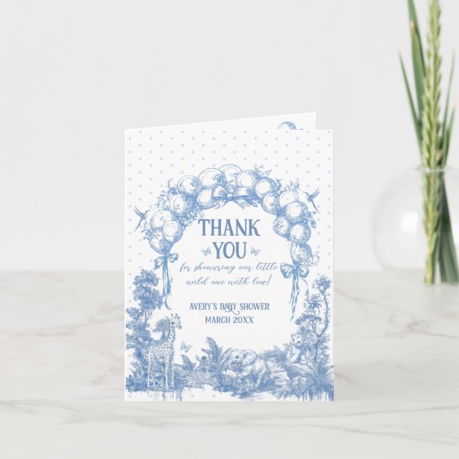 Safari Animal Dusty Blue Toile Baby Boy Shower Thank You Card (Front)