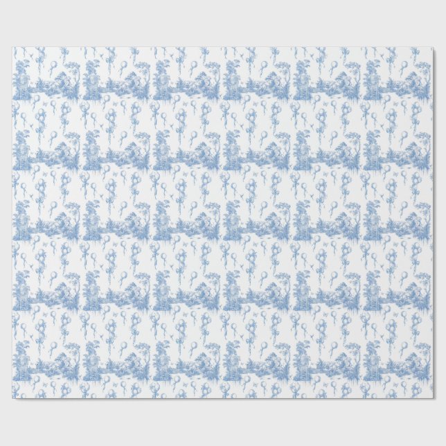 Safari Animal Dusty Blue Toile Baby Boy Shower Wrapping Paper (Flat)