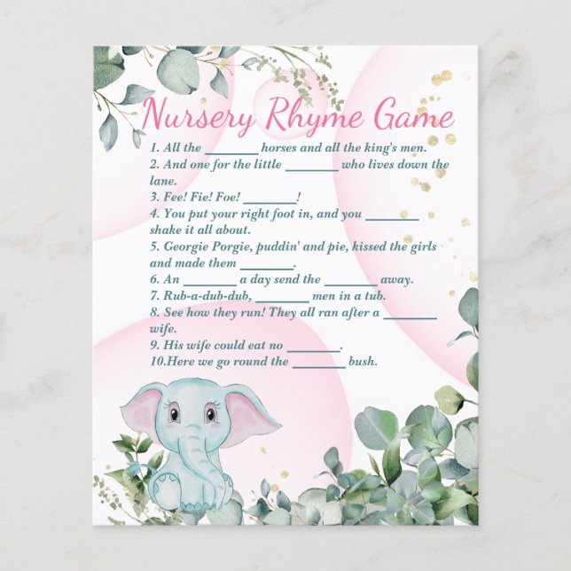 Safari Animal Elephant Eucalyptus Baby Shower Game Flyer (Front)