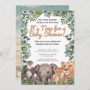 Safari Animal , Elephant, Monkey Green Baby Shower Invitation