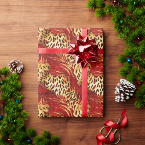 Safari Animal Fur Prints Patterns Red and Gold Wrapping Paper