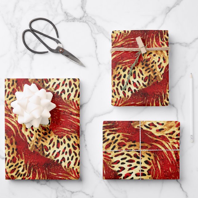 Safari Animal Fur Prints Patterns Red and Gold Wrapping Paper Sheets (Front)