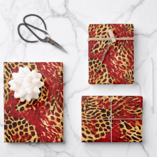 Safari Animal Fur Prints Patterns Red and Gold Wrapping Paper Sheets
