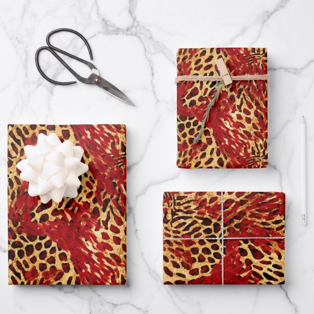 Safari Animal Fur Prints Patterns Red and Gold Wrapping Paper Sheets (Front)