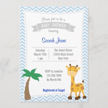 Safari Animal Giraffe Baby Shower Invites Chevron by melanileestyle at Zazzle