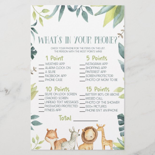 Safari Animal In Your Phone Baby Shower Game Stationery (Front)