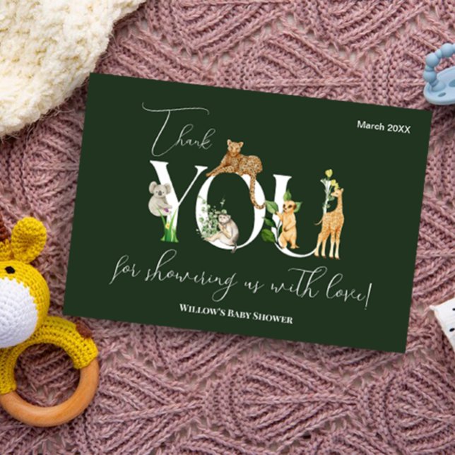 Safari Animal Jungle Green boy Baby Shower  Thank You Card (Thank you safari animal card )