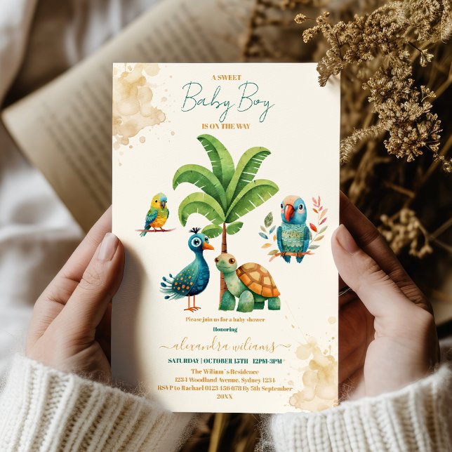 Safari Animal Jungle Green & Gold Baby Shower Invitation (Creator Uploaded)