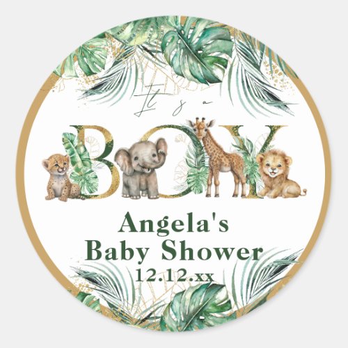 Safari Animal Jungle Green  Gold boy Baby Shower Classic Round Sticker