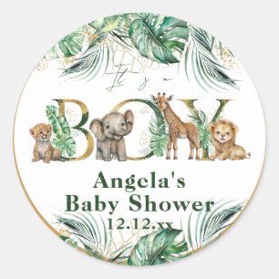 Safari Animal Jungle Green & Gold boy Baby Shower Classic Round Sticker