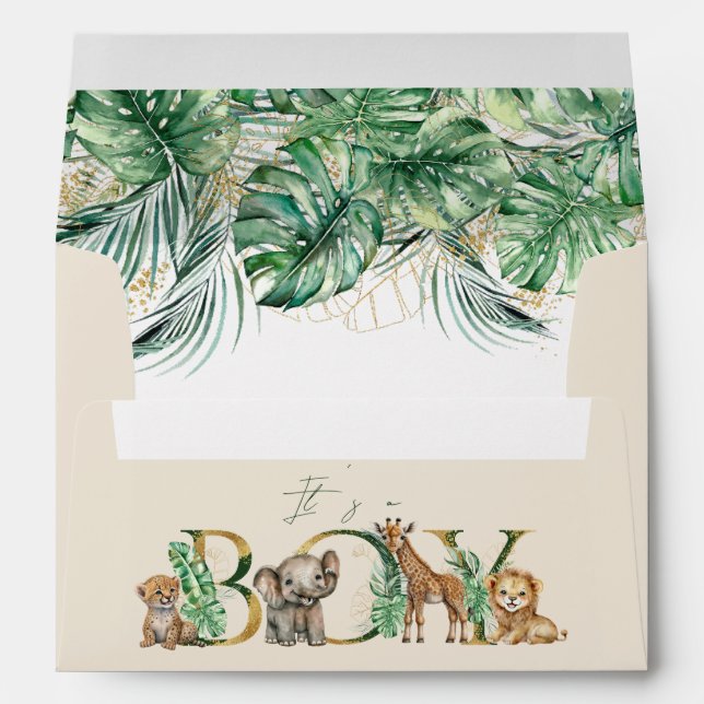 Safari Animal Jungle Green & Gold boy Baby Shower Envelope (Back (Bottom))
