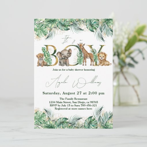 Safari Animal Jungle Green & Gold boy Baby Shower Invitation | Zazzle