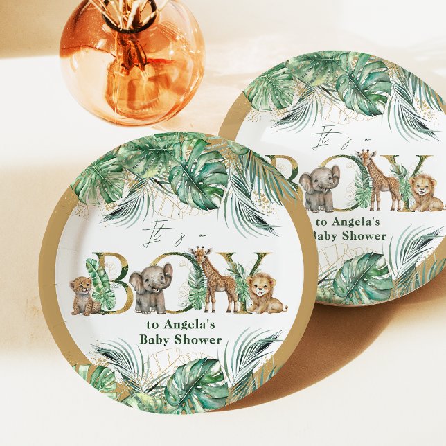Safari Animal Jungle Green & Gold boy Baby Shower Paper Plates (Creator Uploaded)