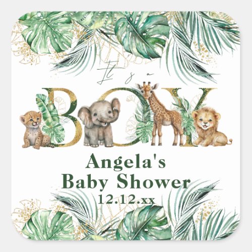 Safari Animal Jungle Green  Gold boy Baby Shower Square Sticker