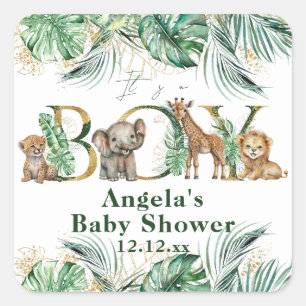 Safari Animal Jungle Green & Gold boy Baby Shower Square Sticker