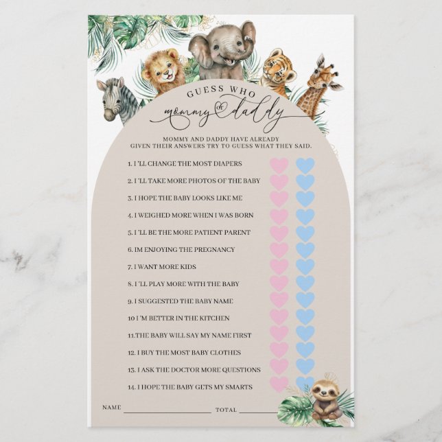 Safari Animal Jungle Modern Mom or Dad Game (Front)