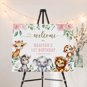 Safari Animal Pink Floral 1st Birthday Welcome Foam Board