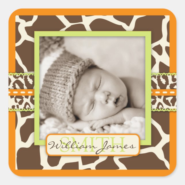 Safari Animal Print Birth Announcement Square Sticker (Front)