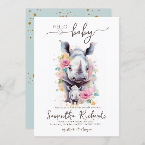 Safari Animal Rhino Floral Mom Baby Shower Invitation