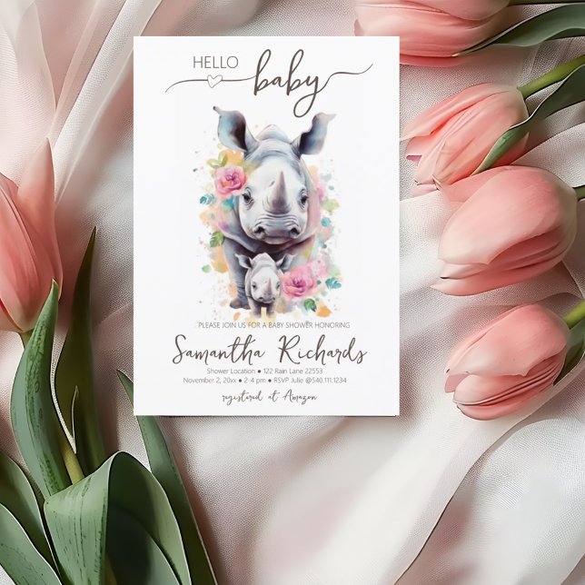 Safari Animal Rhino Floral Mom Baby Shower Invitation (Safari Animal Rhino Floral Mom Baby Shower Invitation)