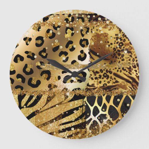 Safari animal skin print pattern glitter gold large clock