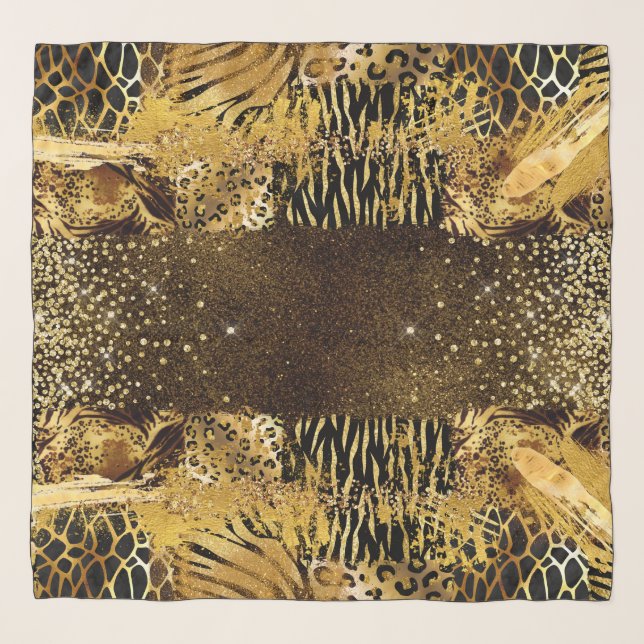 Safari animal skin print pattern gold black glam scarf (Front)