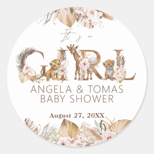 Safari Animal Tropical Floral Girl Baby Shower Classic Round Sticker