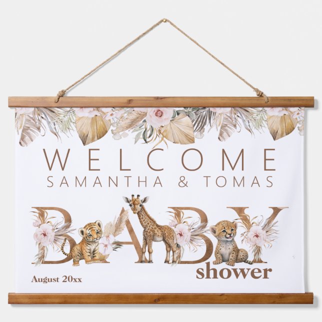 Safari Animal Tropical Floral Girl Baby Shower Hanging Tapestry (Front)