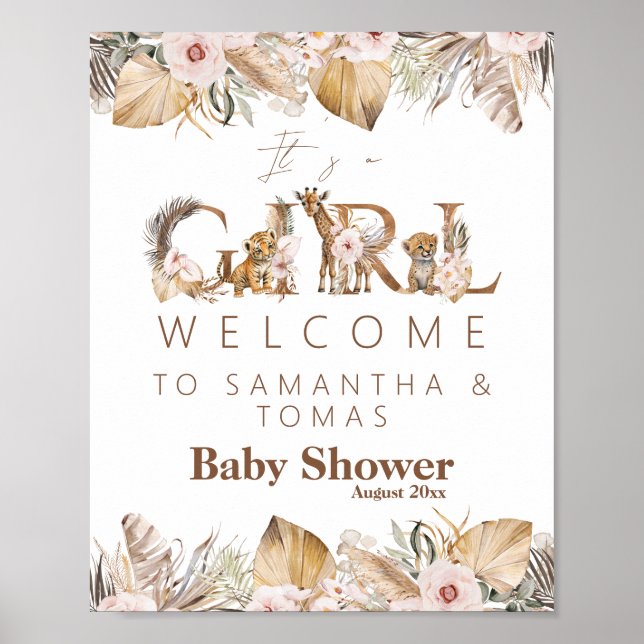 Safari Animal Tropical Floral Girl Baby Shower Poster (Front)