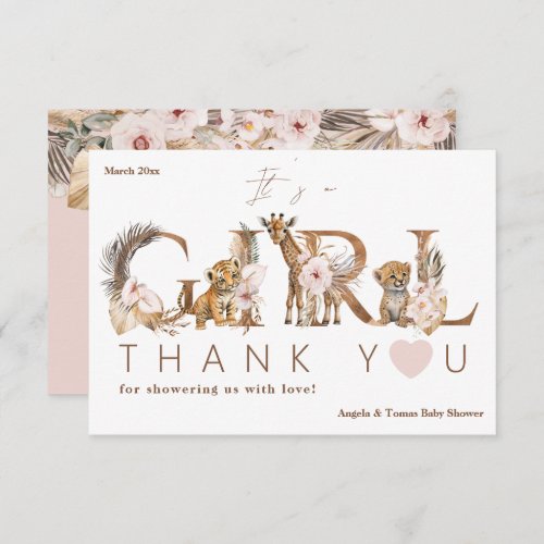 Safari Animal Tropical Floral Girl Baby Shower Thank You Card