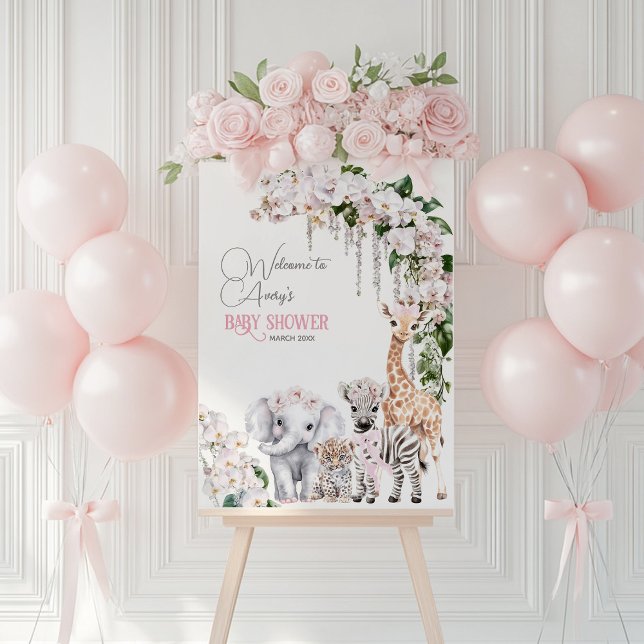 Safari Animal Tropical Flower Pink Baby Shower Foam Board (Creator Uploaded)