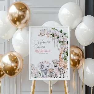 Safari Animal Tropical Flower Pink Baby Shower Poster