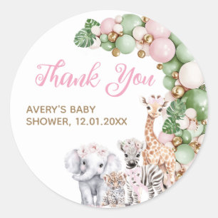 Safari Animal Tropical Green Pink Baby Girl Shower Classic Round Sticker