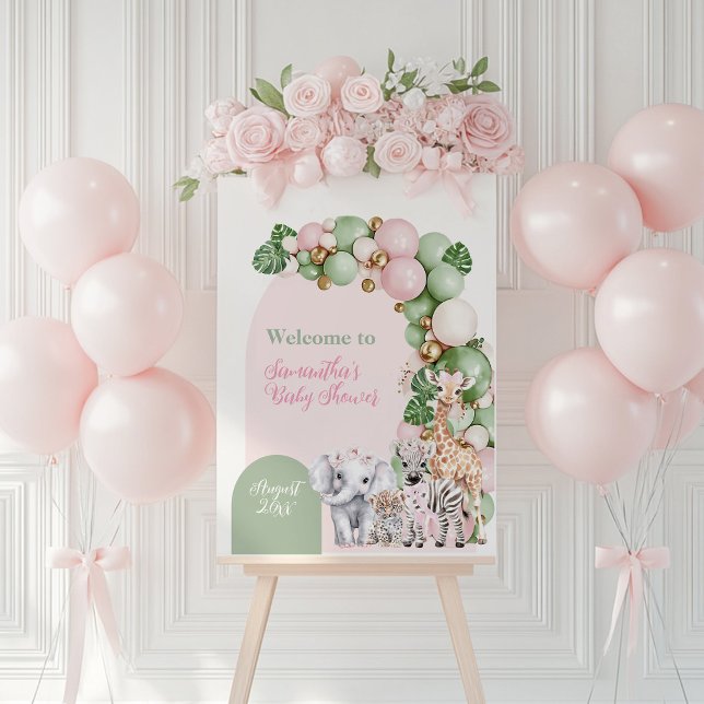Safari Animal Tropical Green Pink Baby Girl Shower Foam Board (Creator Uploaded)