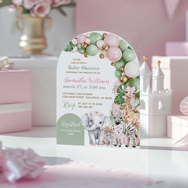 Safari Animal Tropical Green Pink Baby Girl Shower Invitation (Creator Uploaded)