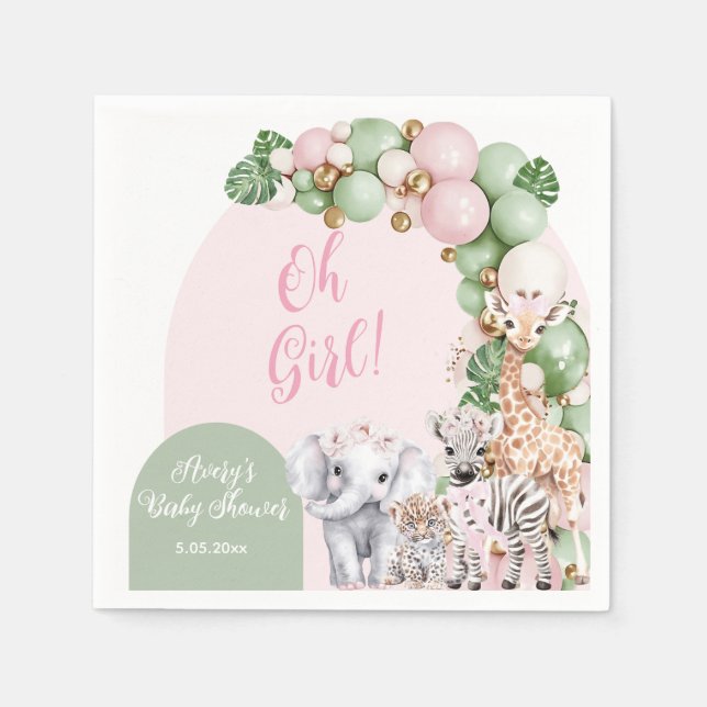 Safari Animal Tropical Green Pink Baby Girl Shower Napkins (Front)