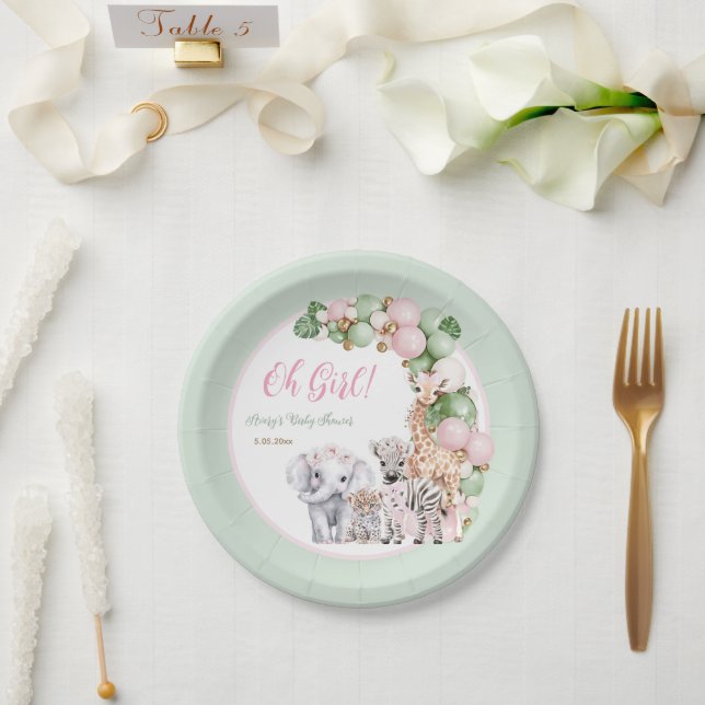 Safari Animal Tropical Green Pink Baby Girl Shower Paper Plates (Wedding)